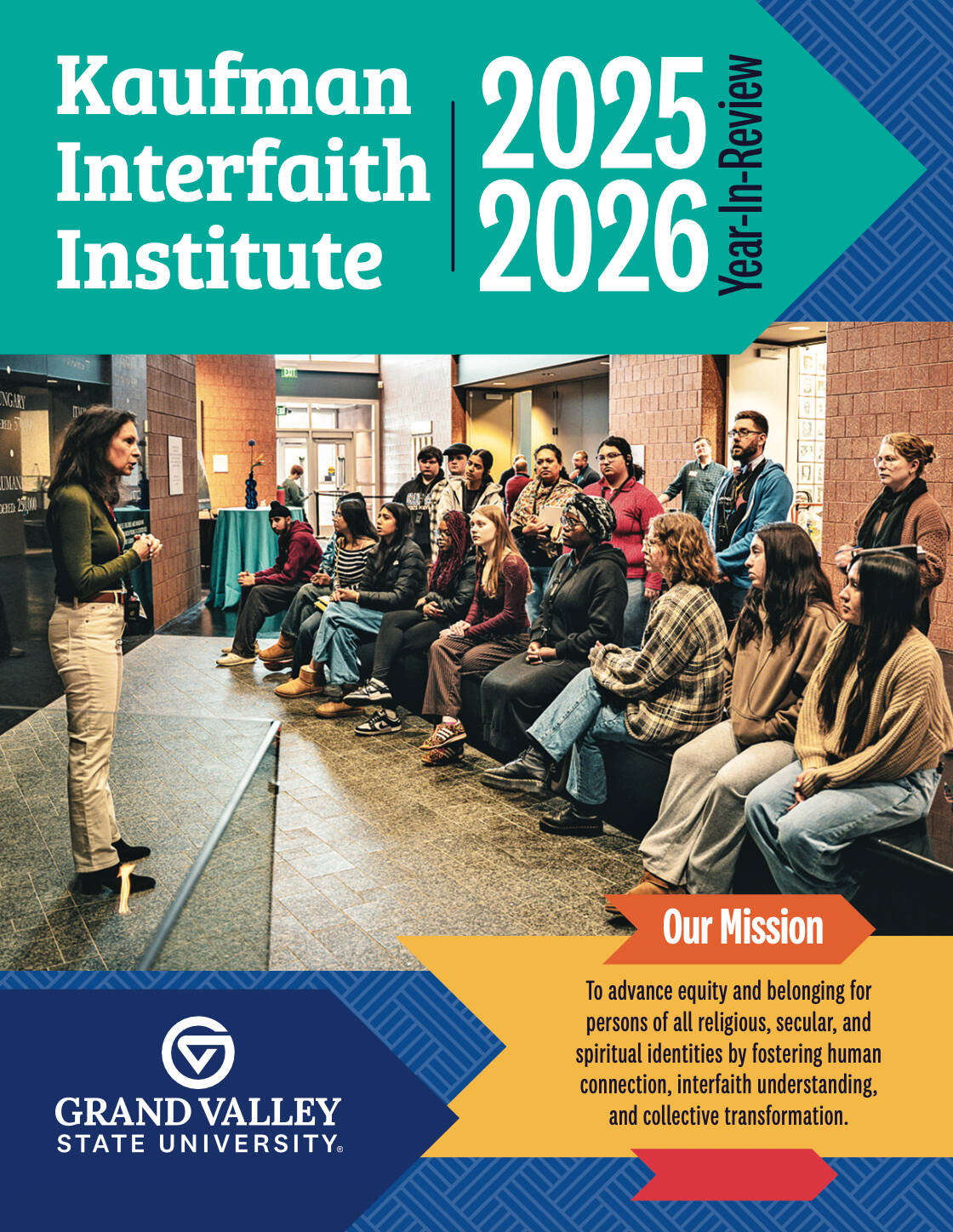 Cover of Kaufman's 2025-2026 Year-in-Review, with a photo of around 20 students and staff listening to a tour guide at a museum.